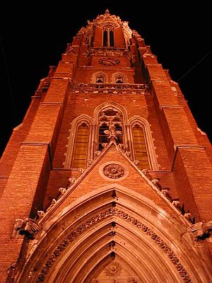 The tall parish church in the centre of Osijek