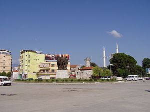 Shkoder: Central Square with Mosque and clock tower
