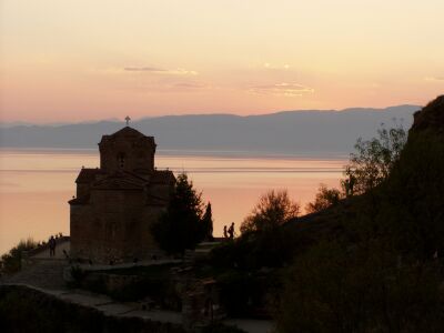 Kaneo Church and Lake Ohrid at dusk