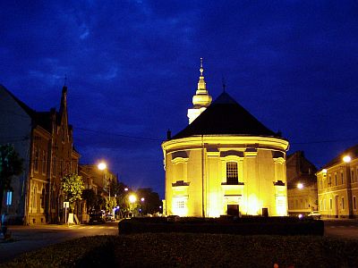 Satu Mare: The Hungarian Reformed Church at night